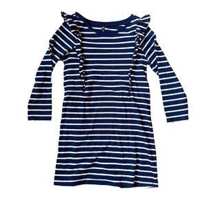 Tea Collection Girls Navy White Stripe Ruffle Long Sleeve Dress - Size 10